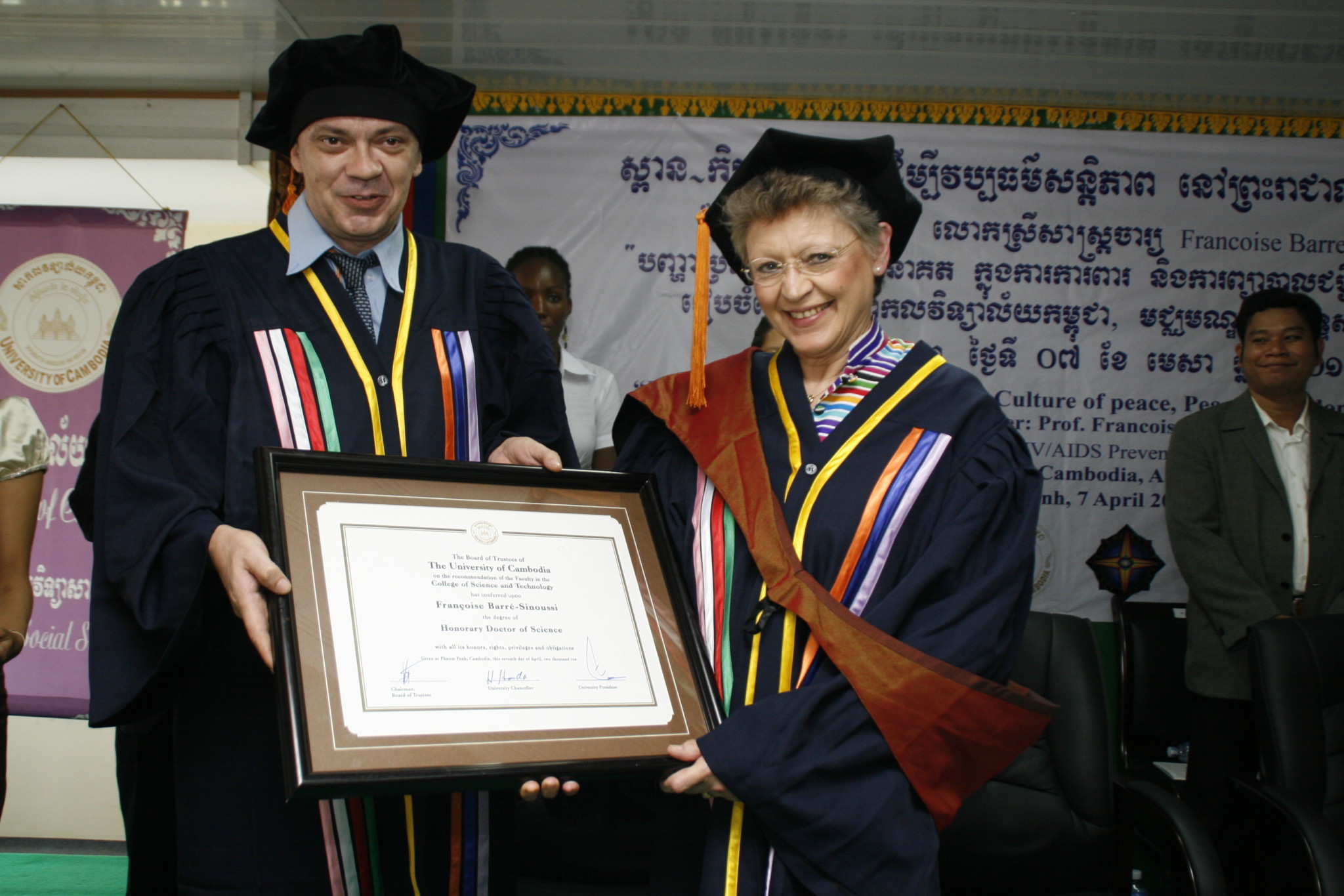 Medicine Nobel Laureate Prof. Francoise Barre-Sinoussi being awarded an Honorary Doctorate Degree in Phnom Penh