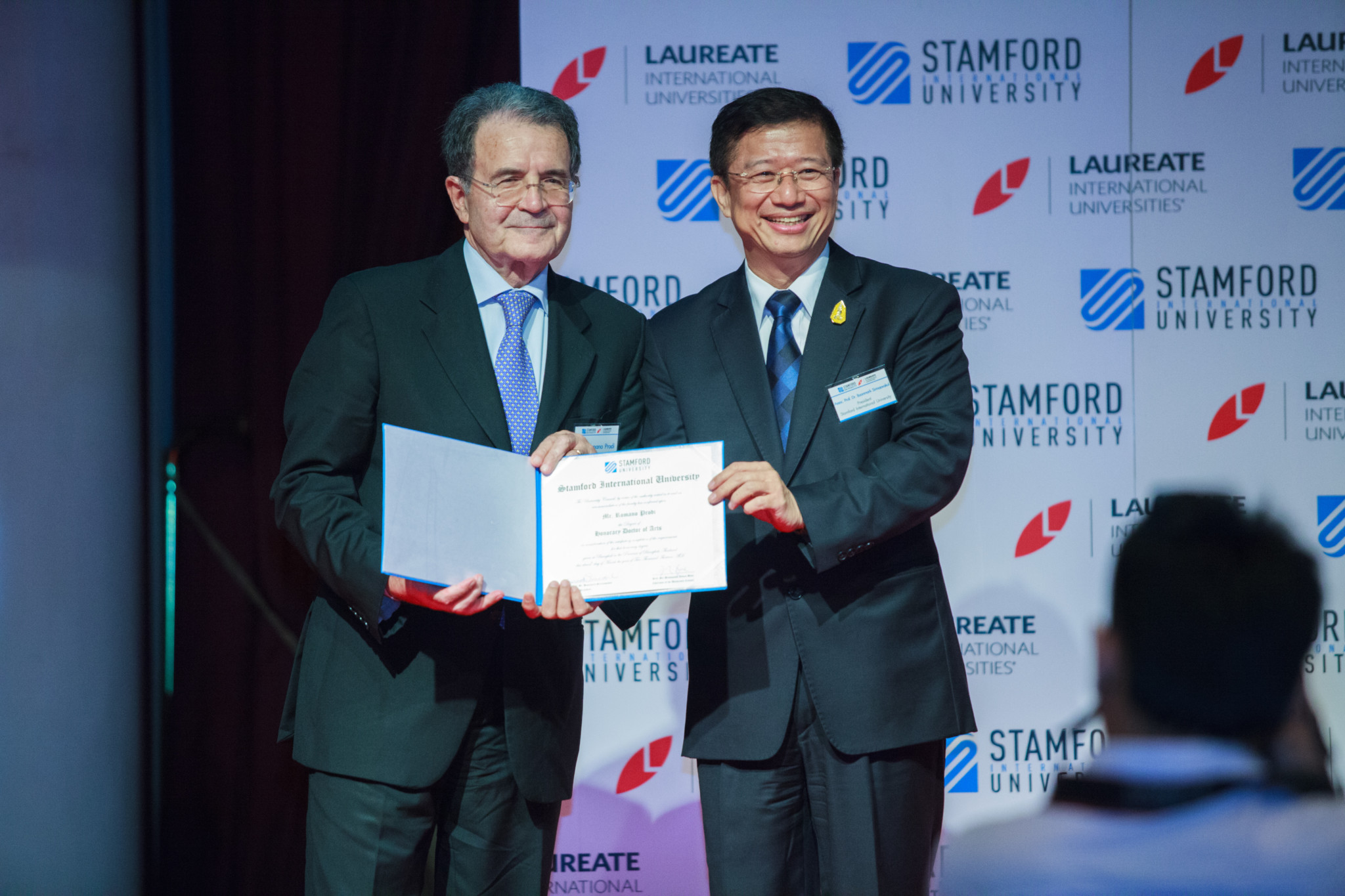 President Romano Prodi being awarded an honorary doctorate degree from Stamford International University in Bangko